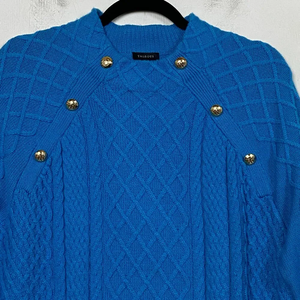 Talbots Women's Blue Mockneck Raglan Sleeve Cable Knit Sweater Size Large NWT - Picture 3 of 12